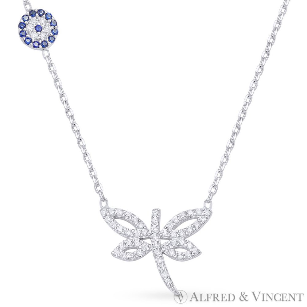Dragonfly & Evil Eye Charm Necklace with CZ Crystals in .925 Sterling Silver